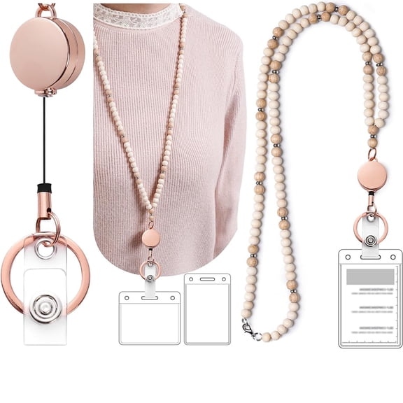 Januofit Lanyards for Id Badges for Women, Cute Teacher Lanyard with ID Holder and Retractable Badge Reel for Keys, Wooden Beaded Keychain Lanyard