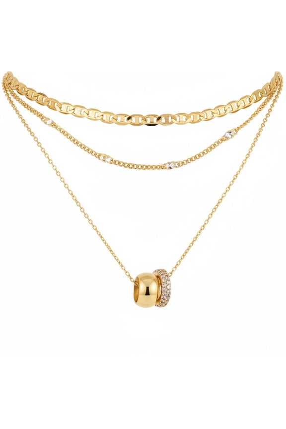 Layered CZ Rondelle Pendant Necklaces for Women, 14K Gold Plated Trendy Mariner Chain Dainty Circle Rondelle Pendant Choker Necklace for Women Two-Toned Cubic Zirconia Gold Necklace