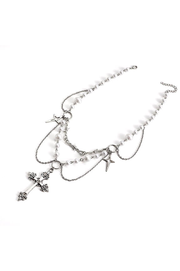 Layered Gothic Pearl Chain Necklace Men Women Silver Cross Spike Pendant Multi Strand Adjustable Statement Streetwear Fashion Jewelry Gift