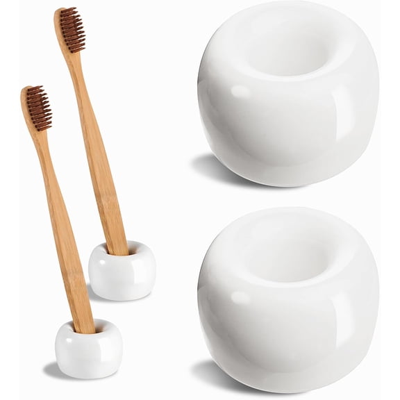 Januofit Mini Ceramic Toothbrush Holder, Small Handmade Couple Toothbrush Stand for Bathroom Vanity Countertop Travel Camper, Bathroom Organizers and Storage, 2 Pack, White