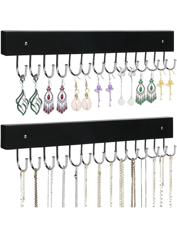 Necklace Holder Wall Mounted Jewelry Organizer - 2 Pack Wooden with 28 Hooks, Hanging Earring & Ring Bracelet Storage, Decorative Space-Saving Jewelry Display (Black)