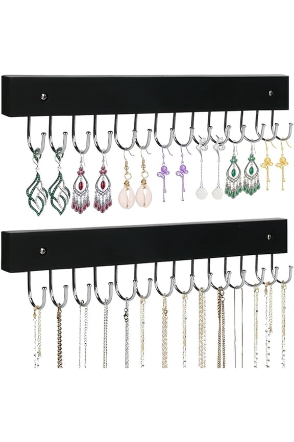 Necklace Holder Wall Mounted Jewelry Organizer - 2 Pack Wooden with 28 Hooks, Hanging Earring & Ring Bracelet Storage, Decorative Space-Saving Jewelry Display (Black)