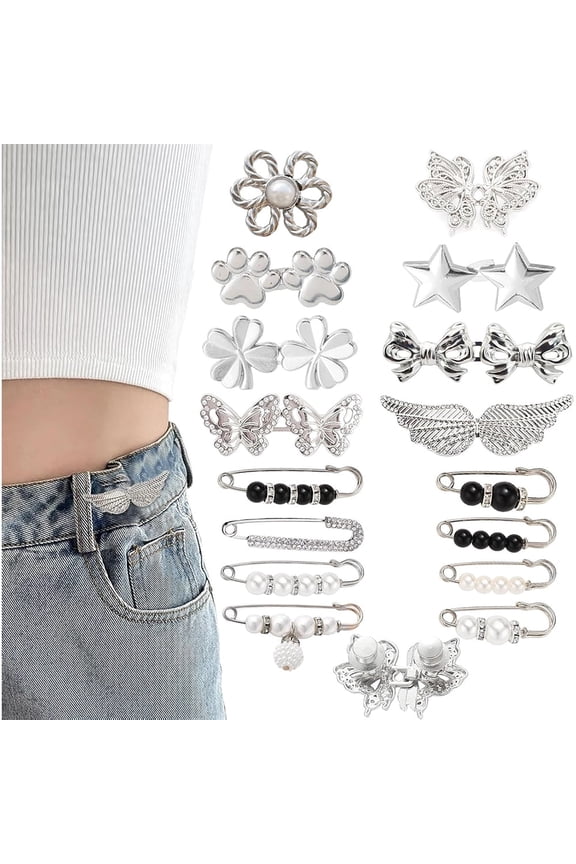 Pant Waist Tightener, 8 Styles Adjustable Silvery Buttons Pins for Loose Jeans Reusable Waist Tightener for Pants Women Metal Butterfly Brooch for Clothing Dresses Skirts