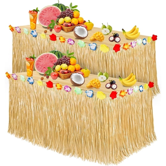 Januofit Party Decorations, Grass Table Skirt for Tropical Hawaiian Party Decorations, Flower 72.8'' X 29.5'' Hawaiian Luau Party Favors & Aloha Summer Beach Themed Party Decorations Suppplies