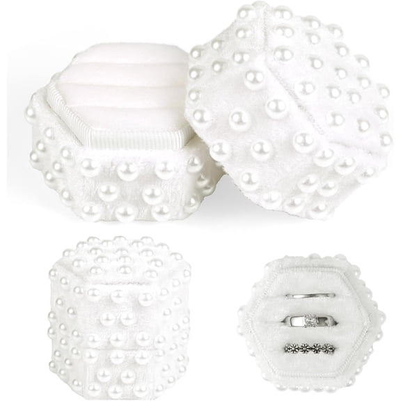 Januofit Pearl Velvet Ring Box with 3-Slot, Hexagon Wedding Ring Holder Elegant Jewelry Box for Engagement Proposals Bridal Photography & Ceremonies (White)