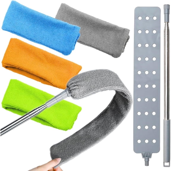 Januofit Retractable Gap Dust Cleaner Brush with 4 pcs Replacement Duster Cloth, 100 inches Extendable Pole, Flexible Microfiber Duster for Cleaning Under Refrigerator, Sofa,Couch Bed, Furniture