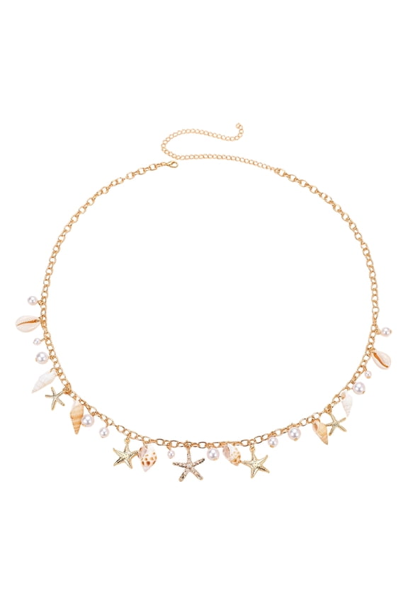 Seashell Starfish Waist Chain for Women, Adjustable Starfish Pearl Body Chain Fashionable Summer Boho Beach Belly Jewelry Gold Shell Bikini Belt for Swimwear & Outfits