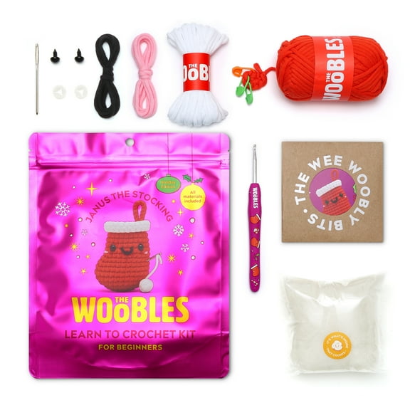 The Woobles Beginner Crochet Amigurumi Kit – Janus the Stocking, Learn to Crochet Holiday Craft Kit for Adults and Kids