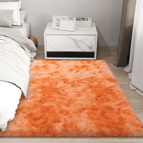 Janvonne 4x6 Fluffy Area Rug for Bedroom, Modern Shaggy Carpets Fuzzy Rug for Teens Dorm Bedside Home Decor Aesthetic, Heavy Duty Non Slip, Tie-dye Orange