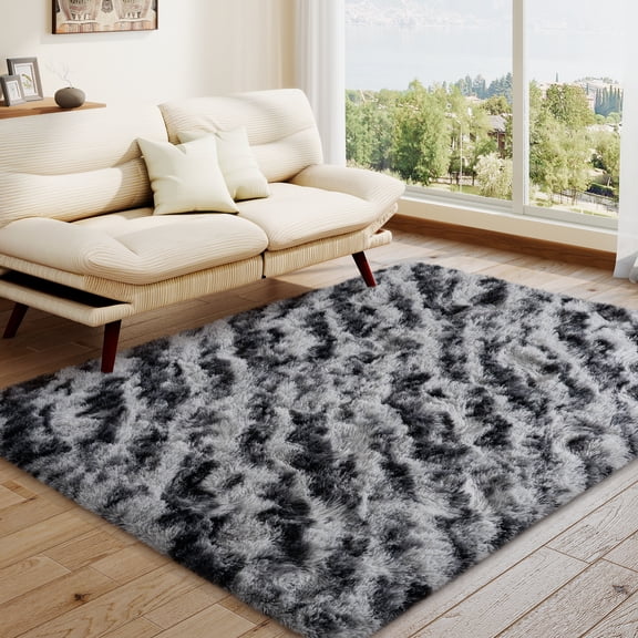 Janvonne 4x6 Fluffy Area Rug for Bedroom, Modern Shaggy Carpets Fuzzy Rug for Teens Dorm Bedside Home Decor Aesthetic, Heavy Duty Non Slip, Tie-dye Stripes in Black and Grey