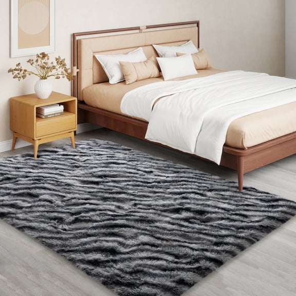 Janvonne 5x7 Fluffy Area Rug for Living Room Bedroom, Modern Shaggy Carpets Fuzzy Rug for Teens Dorm Bedside Home Decor Aesthetic, Heavy Duty Non Slip, Zebra Print