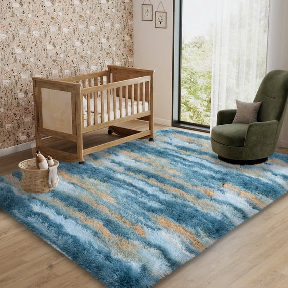 Janvonne 5x7 Soft Fluffy Area Rugs, Non Slip Floor Mat, Plush Fuzzy Shaggy Floor Rugs for Living Room Bedroom Modern Decor Carpet, Abstract Blue and Yellow