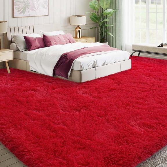 Janvonne 9x12 Area Rugs Living Room, Large Plush Fluffy Bedroom Carpet, Non-Slip Upgraded Indoor Thick Soft Rug, Modern Plush Carpet Suitable for Kids Home Decor Aesthetics Dorm, Red.