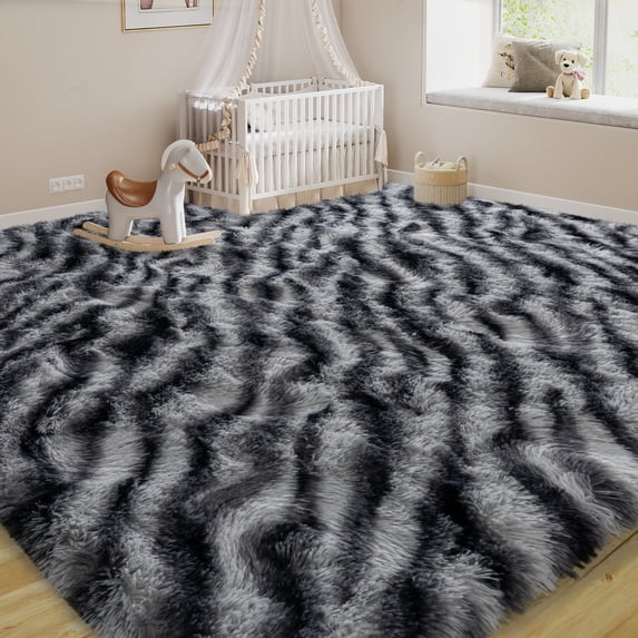 Janvonne 9x12 Fluffy Area Rug for Living Room Bedroom, Modern Shaggy Carpets Fuzzy Rug for Teens Dorm Bedside Home Decor Aesthetic, Heavy Duty Non Slip, Zebra Print
