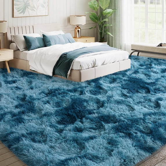 Janvonne 9x12 Fluffy Shag Area Rug,Tie-dye Peacock Blue Ultra Soft Plush Fuzzy Shaggy Carpet for Living Room Bedroom, Non-Slip Floor Rug for Kids Girls Room Nursery, Cozy Indoor Home Decor