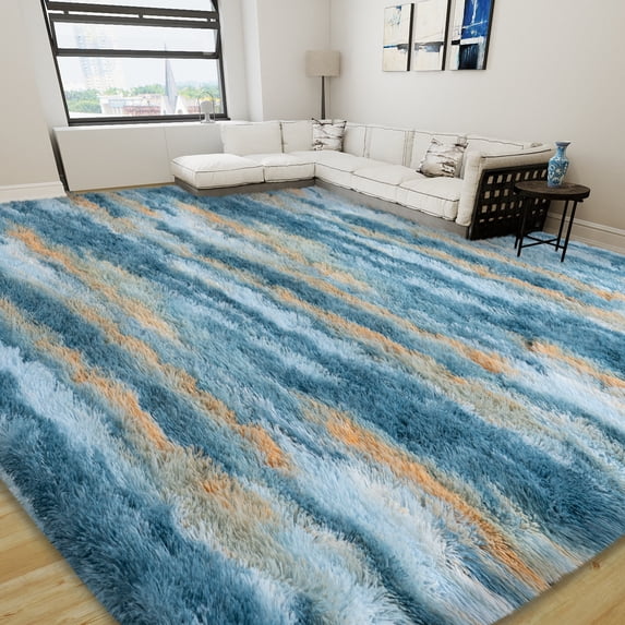 Janvonne 9x12 Soft Fluffy Area Rugs, Non Slip Floor Mat, Plush Fuzzy Shaggy Floor Rugs for Living Room Bedroom Modern Decor Carpet, Abstract Blue and Yellow