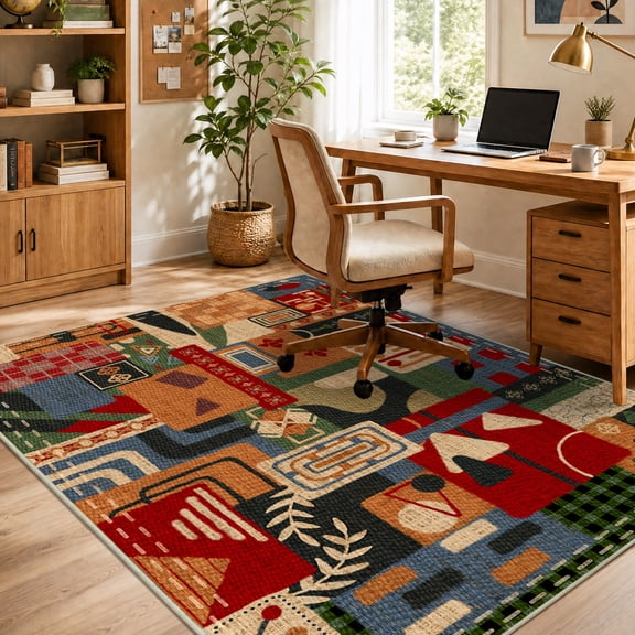 Janvonne Abstract Patchwork Area Rug, 4x6ft Boho Triangle Print, Non-Slip, Machine Washable, Carpet for Living Room, Dining Room, Bedroom
