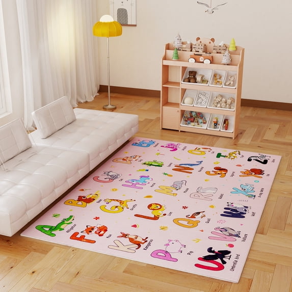 Janvonne Animal Alphabet Kids Area Rug - Soft ABC Learning Carpet, Non-Slip Washable Play Mat for Nursery Playroom Bedroom,5'x7',Pink
