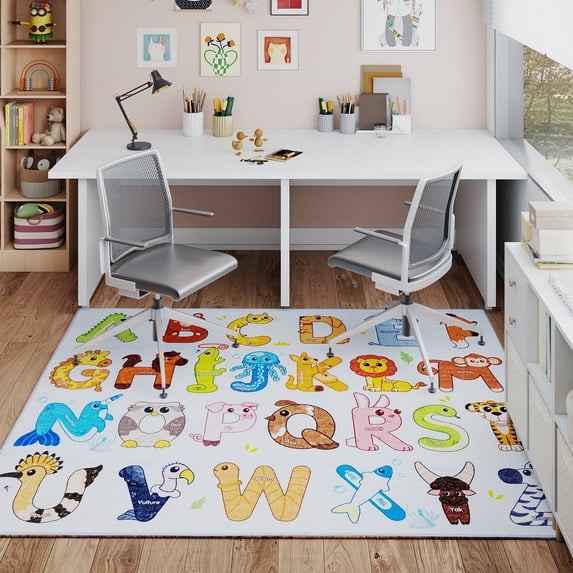 Janvonne Animal Alphabet Kids Area Rug - Soft ABC Learning Carpet, Non-Slip Washable Play Rug for Nursery Playroom Bedroom,4X5ft