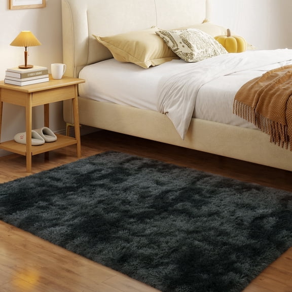 Janvonne Fluffy Area Rugs for Living Room Bedroom, 3x5 ft Soft Fluffy Shaggy foyer Rug, Indoor Floor Carpet for Kids, Dorms, Entrance, Home Decor Aesthetic, Tie-Dye Black Gray