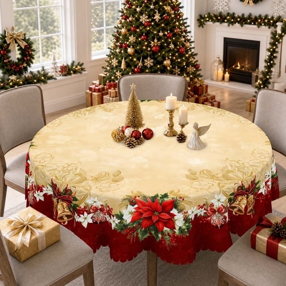 Janvonne Christmas Round Tablecloth, 60 inch Golden Poinsettia Bells Washable Xmas Dining Table Cover