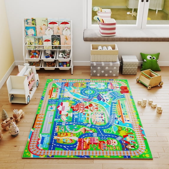 Janvonne City Life & Train Track Kids Play Area Rug - Soft Interactive Educational Carpet, Non-Slip Washable Floor Mat for Nursery Playroom Bedroom,4x5ft