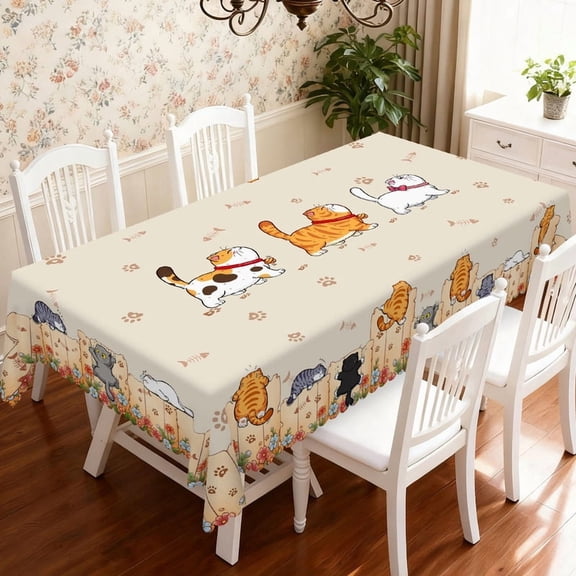 Janvonne Cute Cartoon Cat Tablecloth, Rectangular 55x70 Inch, Waterproof Stain Resistant for Cat Lovers, Kitchen Dining & Pet-Friendly Decor