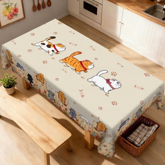 Janvonne Cute Cartoon Cat Tablecloth, Rectangular 60x86 Inch, Waterproof Stain Resistant for Cat Lovers, Kitchen Dining & Pet-Friendly Decor