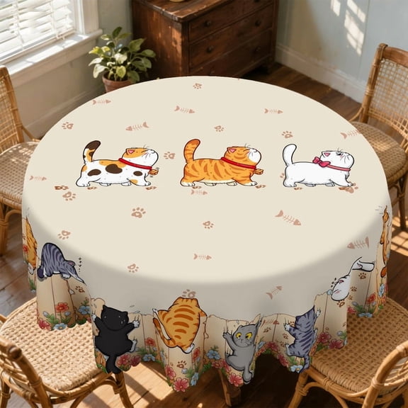 Janvonne Cute Cartoon Cat Tablecloth, Round 60 Inch, Waterproof Stain Resistant for Cat Lovers, Kitchen Dining & Pet-Friendly Decor
