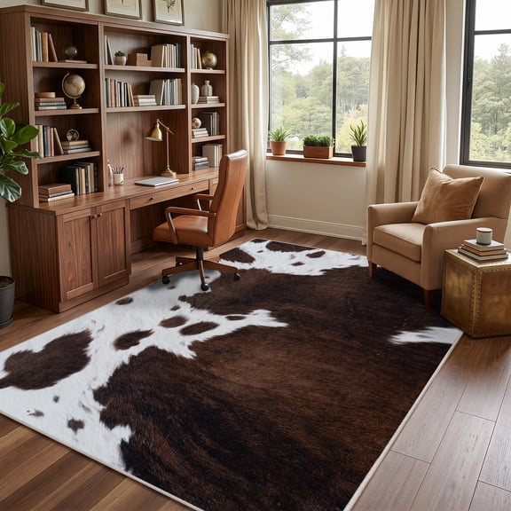 Janvonne Dark Brown Cowhide Print Area Rug, Non-Slip Western Style Floor Rug for Living Room Bedroom Office, Easy to Clean Rustic Home Decor，5x7ft