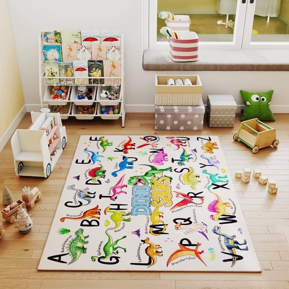 Janvonne Educational Kids Play Rug, 4x5 ft Non-Slip Washable ABC Learning Mat, Dinosaur Alphabet Carpet for Playroom Bedroom
