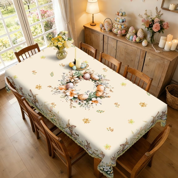 Janvonne Easter Bunny & Egg Wreath Rectangular Tablecloth, Religious Cross Floral Table Cover for Spring Holiday 60x86"