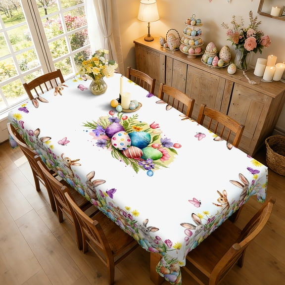 Janvonne Easter Rectangular Tablecloth-Bunny & Egg Floral 60x86" Spring Tulip & Butterfly Tablecloth for Holiday Party