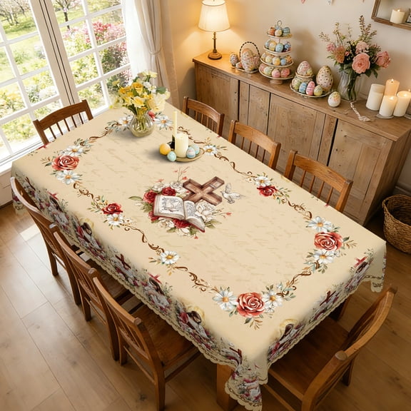 Janvonne Easter Religious Jesus Cross Rectangular Tablecloth, 60x86" Christian Floral Bible Table Cover for Easter Sunday