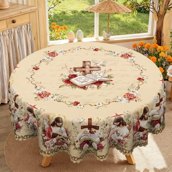 Janvonne Easter Religious Jesus Cross Round Tablecloth, Christian Floral Bible Table Cover for Easter Sunday, 60 Inch