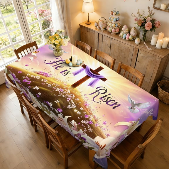 Janvonne Easter Religious Rectangular Tablecloth, Christian Cross & Lily Table Cover for Easter Sunday 60x86"