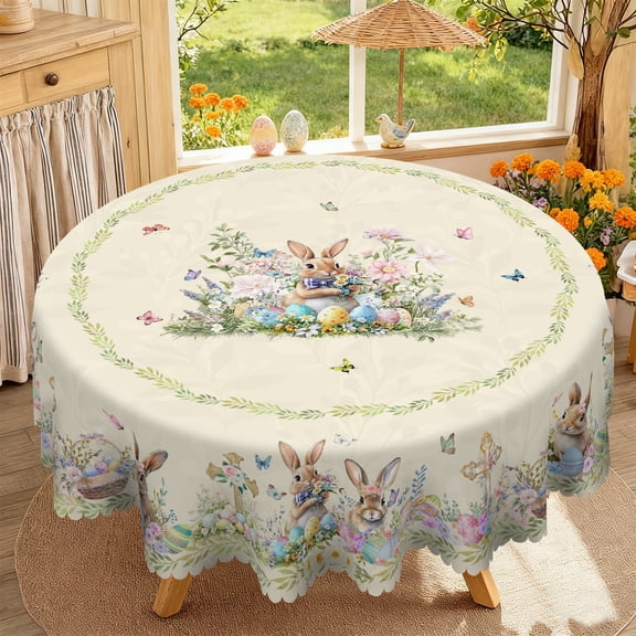 Janvonne Easter Round Tablecloth, Pastel Egg & Butterfly Tablecloth for Easter &Spring Holiday Party, 60 Inch