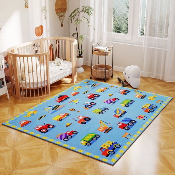 Janvonne Educational Kids Play Rug, 4x5 ft Non-Slip Washable Truck and Car Mat, Construction Vehicle Carpet for Playroom Bedroom
