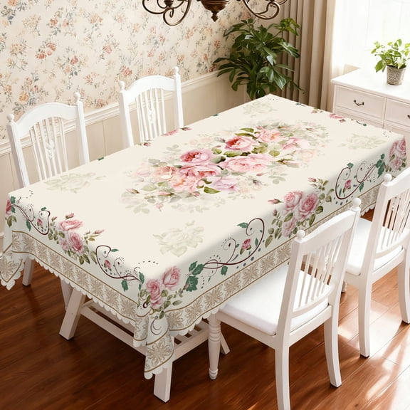 Janvonne Elegant Rose Floral Tablecloth, Rectangular 55x70 Inch, Waterproof & Stain Resistant, Perfect for Spring Wedding, Bridal Shower, and Dining Room Decor