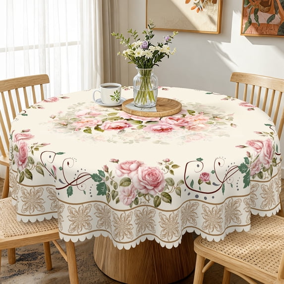 Janvonne Elegant Rose Floral Tablecloth, Round 60Inch, Waterproof ...