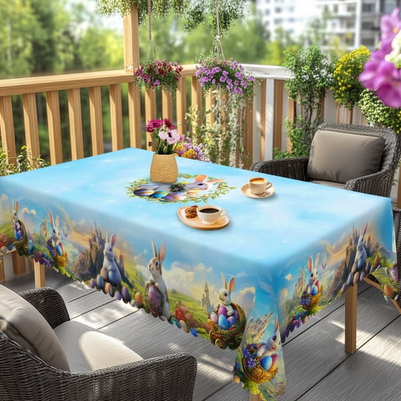 Janvonne Fantasy Easter Bunny Floral Wreath Rectangular Tablecloth, Magical Egg & Castle Table Cover for Spring Holiday, 60x86"