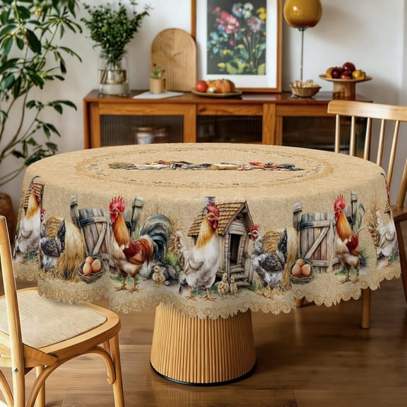 Janvonne Farmhouse Rooster Round Tablecloth, 60 Inch, Rustic Chicken Farm Scene Print Table Cover, Waterproof Stain Resistant for Kitchen Dining, Patio, Country Farm Decor