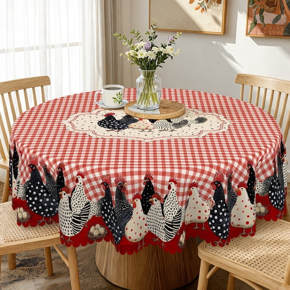 Janvonne Farmhouse Rooster Tablecloth, Red and White Gingham Checkered Round Table Cover, Waterproof Stain Resistant for Kitchen Dining, Country Farm, Rustic Home Decor, 60 Inch