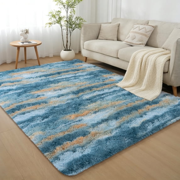 Janvonne Fluffy Area Rug for Bedroom, Modern Shaggy Carpets Fuzzy Rug for Teens Dorm Bedside Home Decor Aesthetic, Heavy Duty Non Slip, 4x6ft, Abstract Blue and Yellow