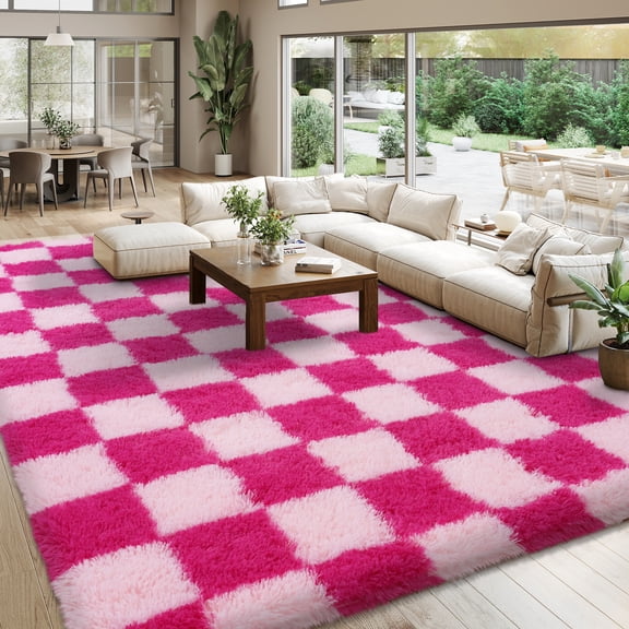 Janvonne Fluffy Area Rugs for Living Room,8x10ft Plush Checkered Rug for Bedroom,Shag Non Slip Soft Furry Carpet for Kids Room,Home Decor Aesthetics, Pink and Rose Red