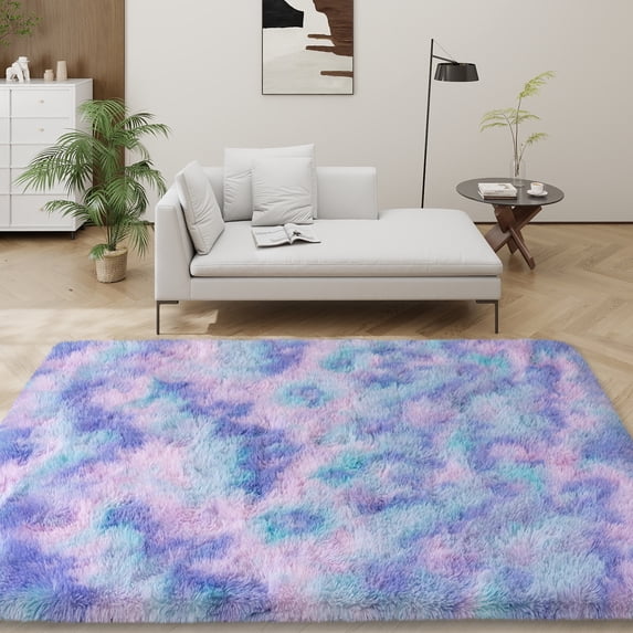 Janvonne Fluffy Area Rugs for Bedroom,Soft Non Skid Easy-care Shaggy Bedsied Carpets for,Home Decor Aesthetics,Tie-Dye Blue Rainbow,5x7ft