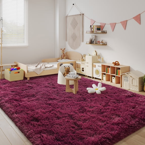 Janvonne Fluffy Burgundy Red Area Rug for Bedroom Living Room Soft 6x9 Fuzzy Rugs Non-Shedding Indoor Plush Rug for Nursery Kids Room Dorm Room Home Decor, High Pile Shaggy Floor Carpets