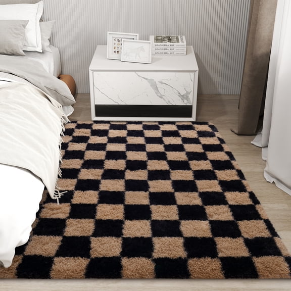 Janvonne Fluffy Checkered Area Rugs for Bedroom,4x6ft Soft Non Skid Easy-care Shaggy Carpets for Living Room, Dorms,Children's Room,Home Decor Aesthetics,Black and camel