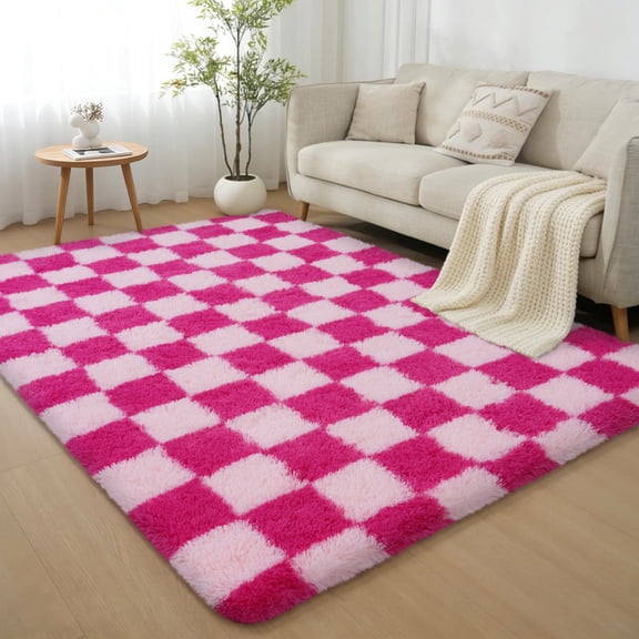 Janvonne Fluffy Checkered Rug for Bedroom, 4x6ft Soft Non Skid Easy-care Shaggy Carpets for Living Room Dorms, Children's Room, Pink and Rose