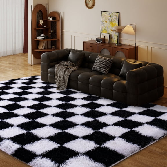 Janvonne Fluffy Checkered Area Rugs for Bedroom,5x7ft Soft Non Skid Easy-care Shaggy Carpets for Living Room, Dorms,Balcony,Garden,Home Decor Aesthetics,Black and white